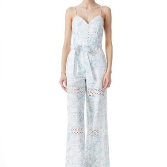Alice + Olivia White and Blue Floral Belted Jumpsuit Size 8